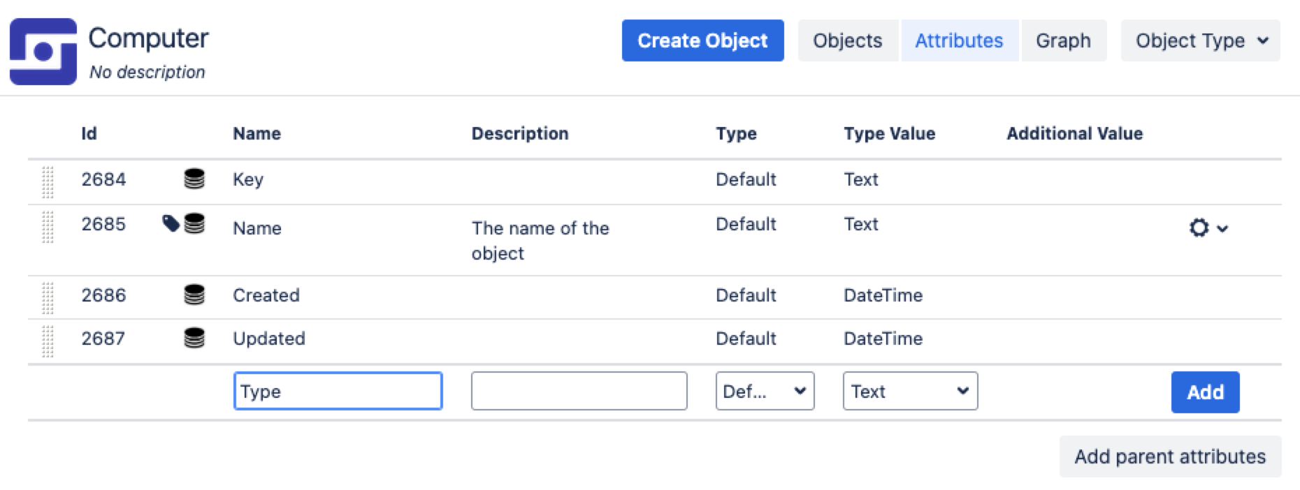 Attributes tab in the object type settings